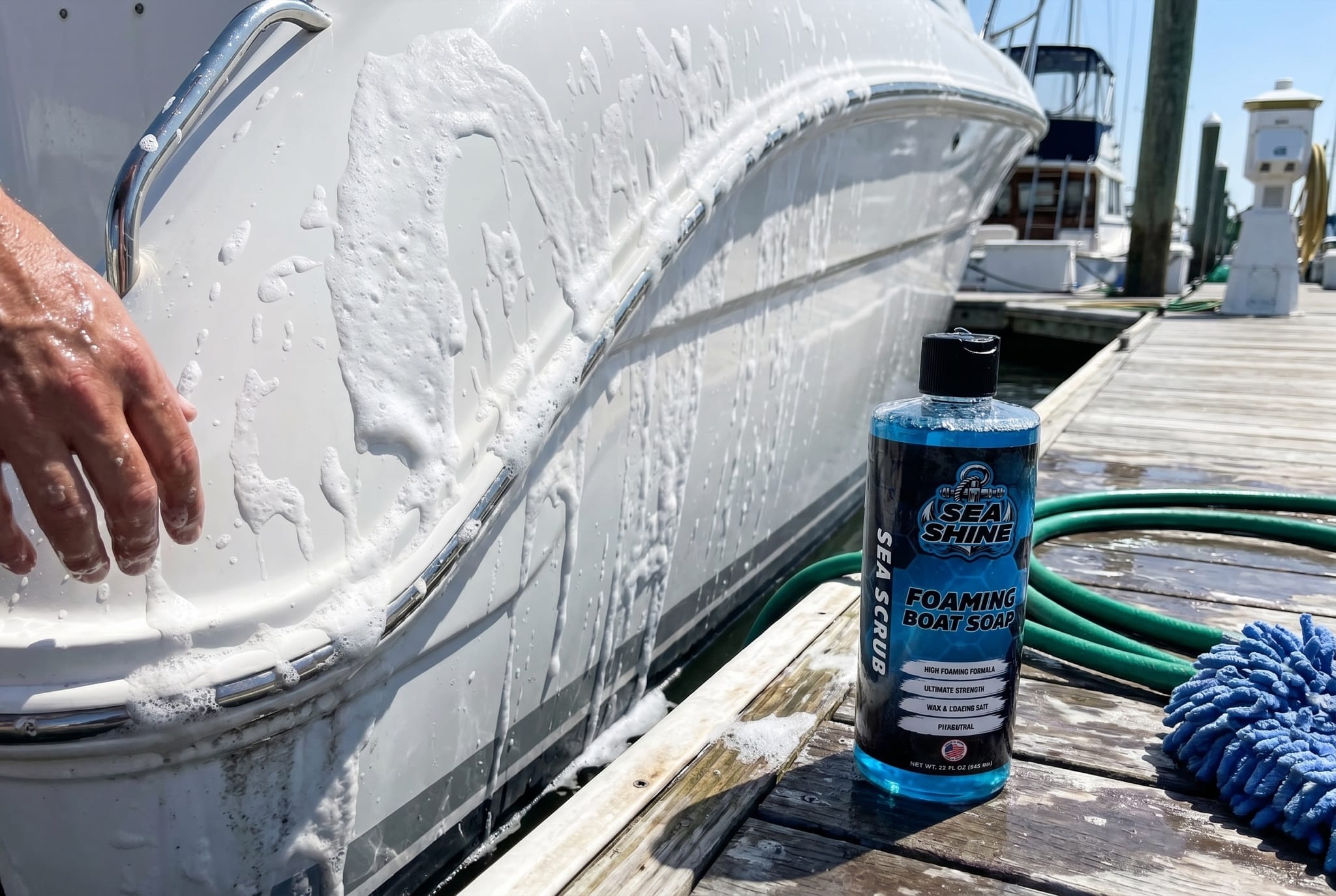 Thick Sea Scrub foam clinging to a boat hull mid-wash