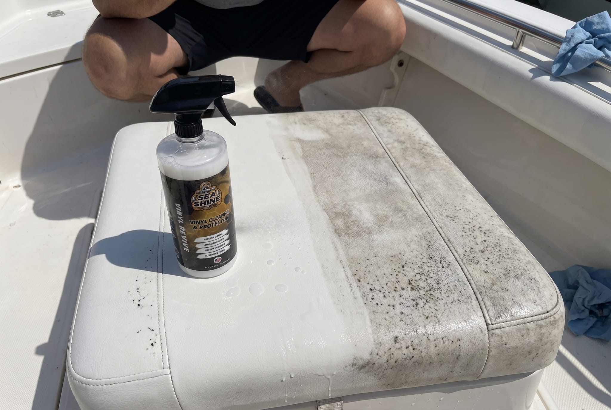 Clean white vinyl boat seat after treatment with Vinyl Revive