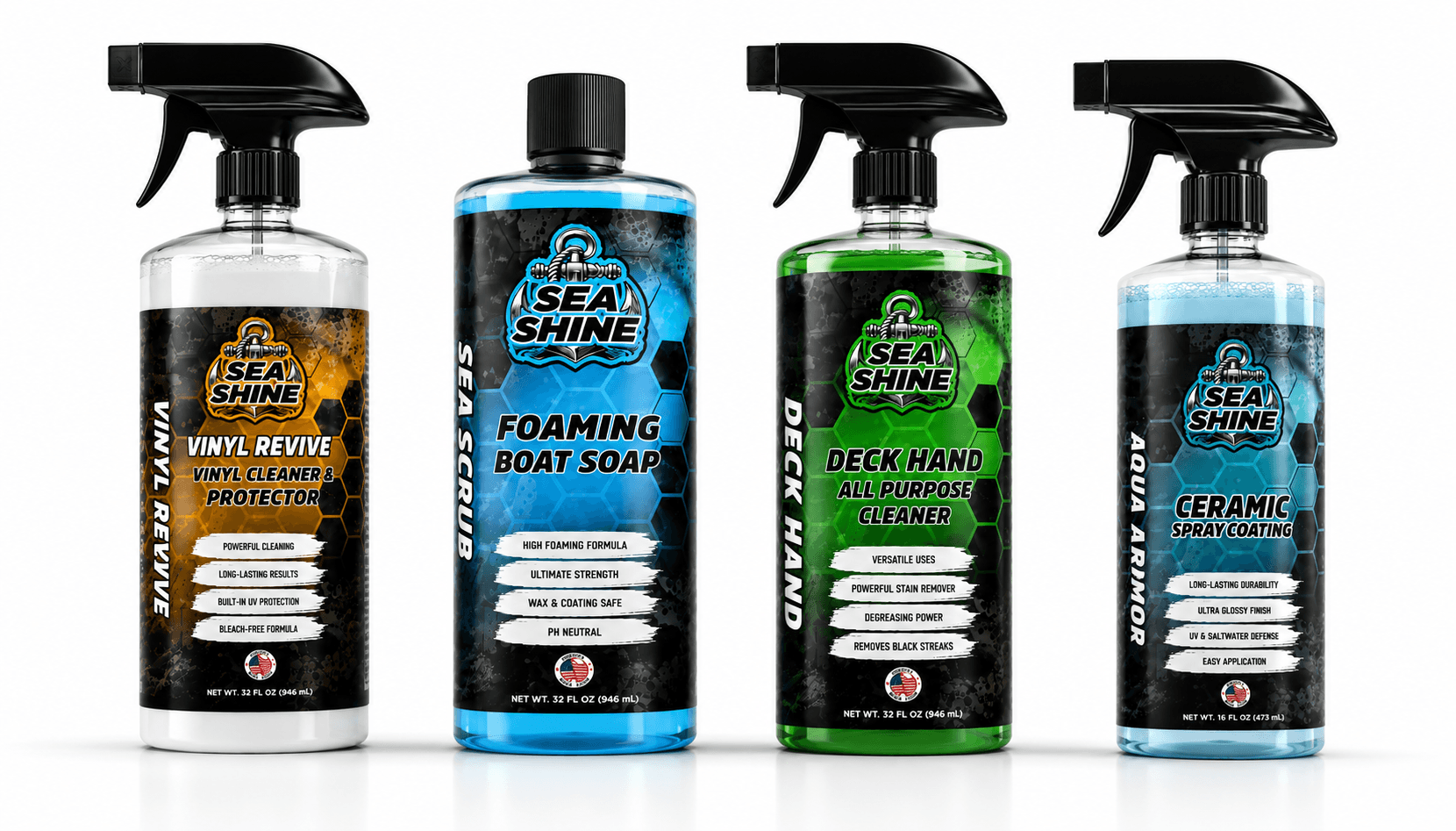 The Sea Shine lineup — Sea Scrub, Aqua Armor, Deck Hand, and Vinyl Revive