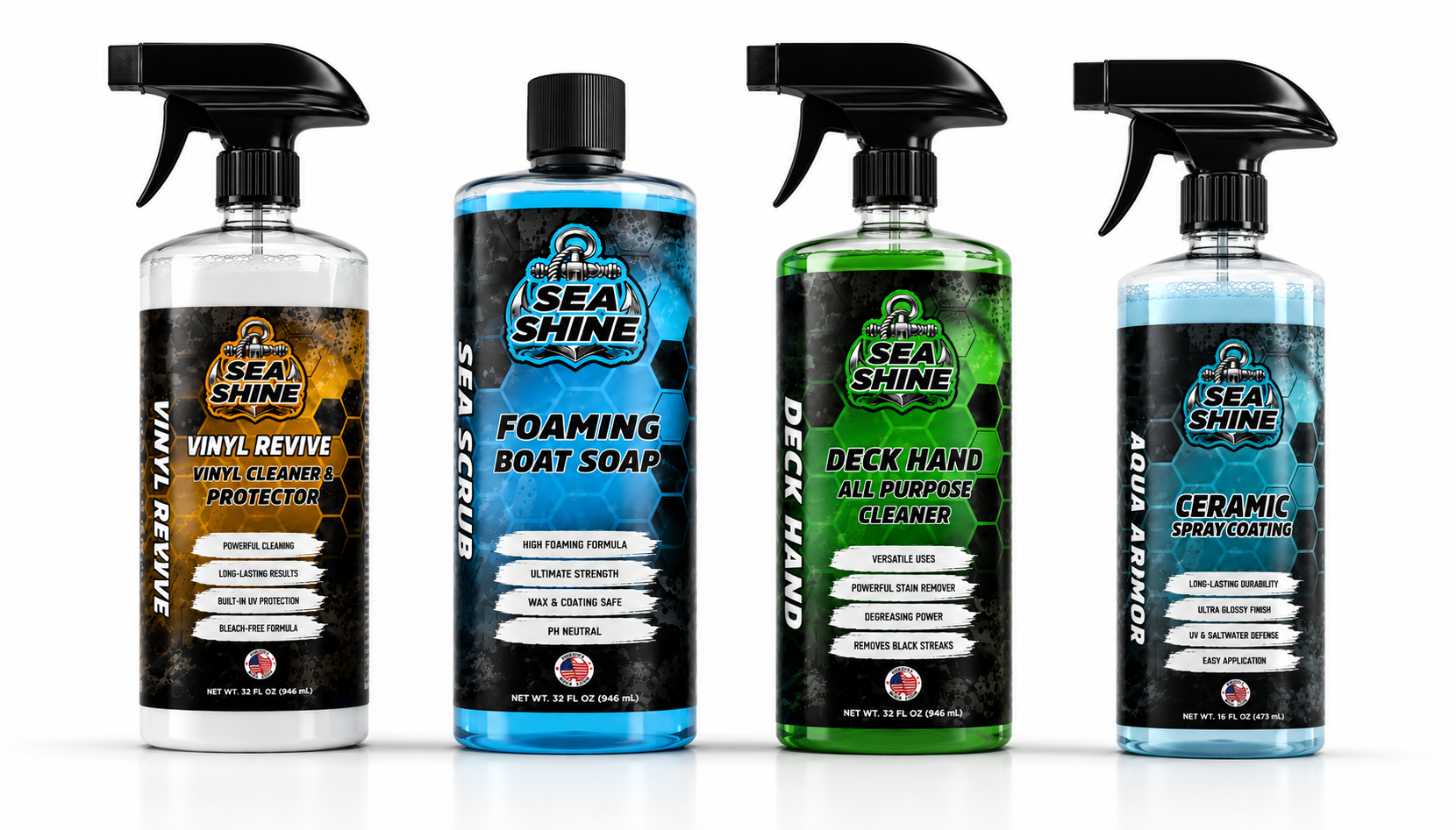 The Sea Shine lineup — Sea Scrub, Aqua Armor, Deck Hand, and Vinyl Revive